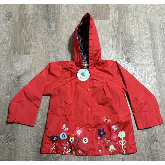 Red Hooded Raincoat Sz 120 (6-7 Y) Floral Lined Waterproof Jacket NEW - Picture 1 of 4